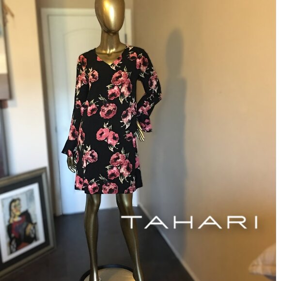 TAHARI Arthur Levine 🌸 Black/Pink Floral Long Sleeve Crepe Dress LIKE NEW! - Picture 1 of 13